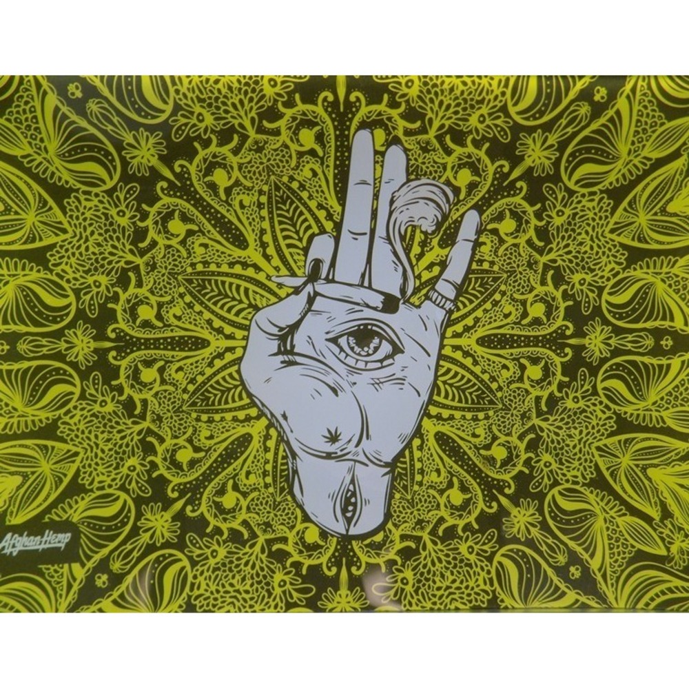 Hand Of Fatima Afgan Hemp Yellow Green Glass Tray Rolling Sorting  10 x 6 Inches